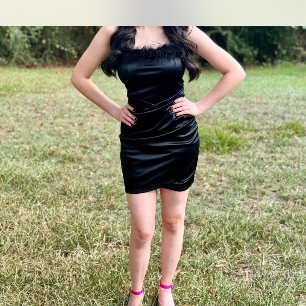 Black Satin Dress With Feather Top